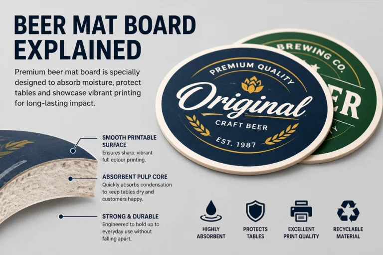 Close-up of premium beer mat board showing the absorbent material used to manufacture custom printed beer coasters.
