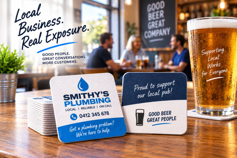 Custom advertising coasters for tradies and local businesses in pubs and clubs