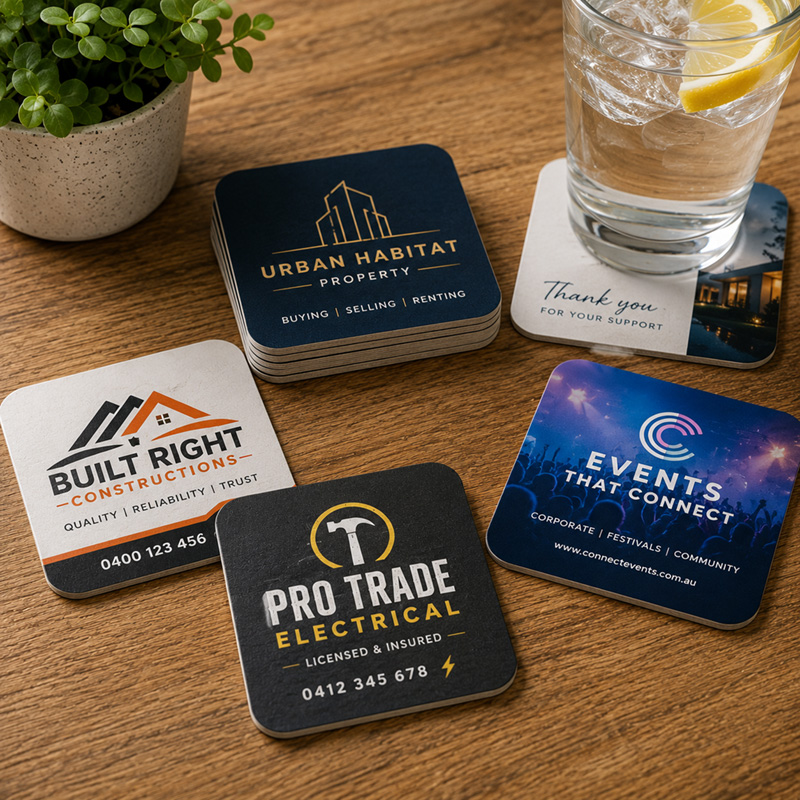 Short run custom coasters for events, real estate agents and tradies